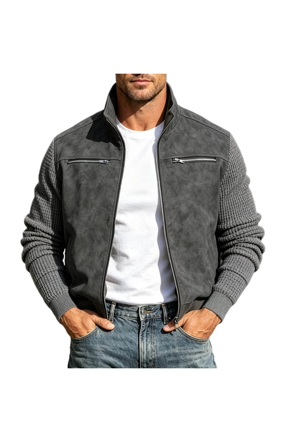 Men's Contrast Knit Sleeve Suede Bomber Jacket Stand Collar Zip Up Rib Cuff Lightweight Casual Outerwear Gray 2XL