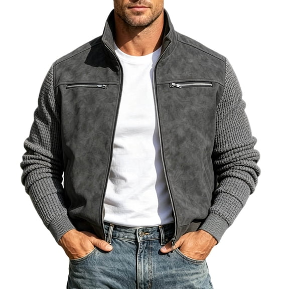 Sevevn Men's Contrast Knit Sleeve Suede Bomber Jacket Stand Collar Zip Up Rib Cuff Lightweight Casual Outerwear Gray S