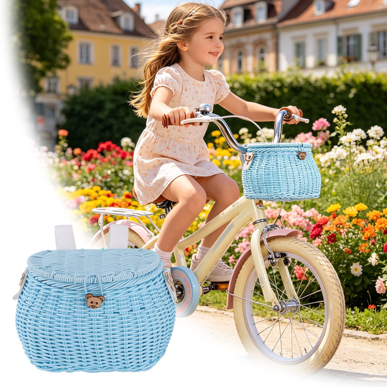YIGOUMY-19cm PP Woven Bike Basket with Lid, Brown Bear Design Front Basket for Bicycle, Det Storage Basket with Strap for Scooter (Blue)