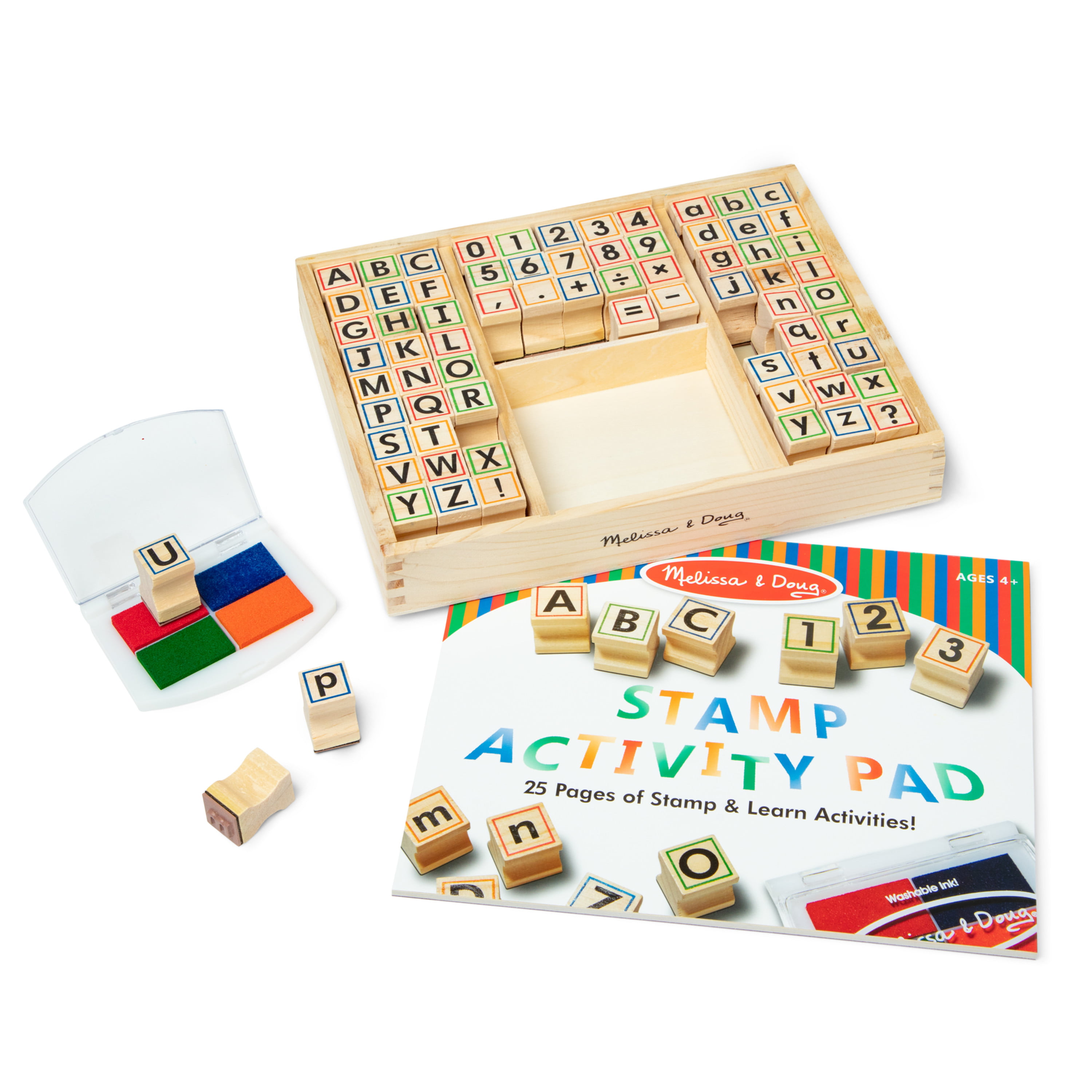 Wooden Stamp Set for Kids with Alphabet Stamps and Carry Case 72 Pcs - Letters Numbers Emojis 3-Color Washable Ink Pad 3 Refill Bottles Activity