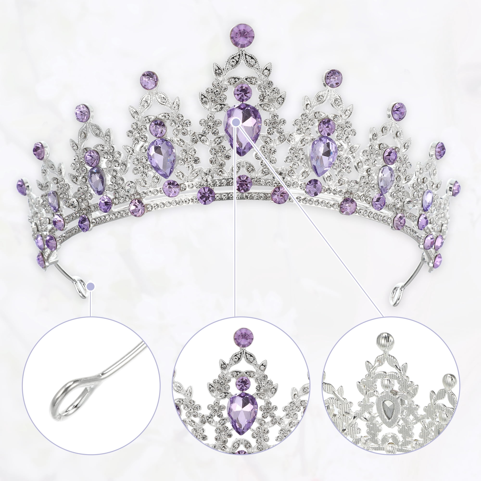 Unique Bargains Women Faux Crystal Queen Crown Tiara Rhinestone Silver Tone Purple