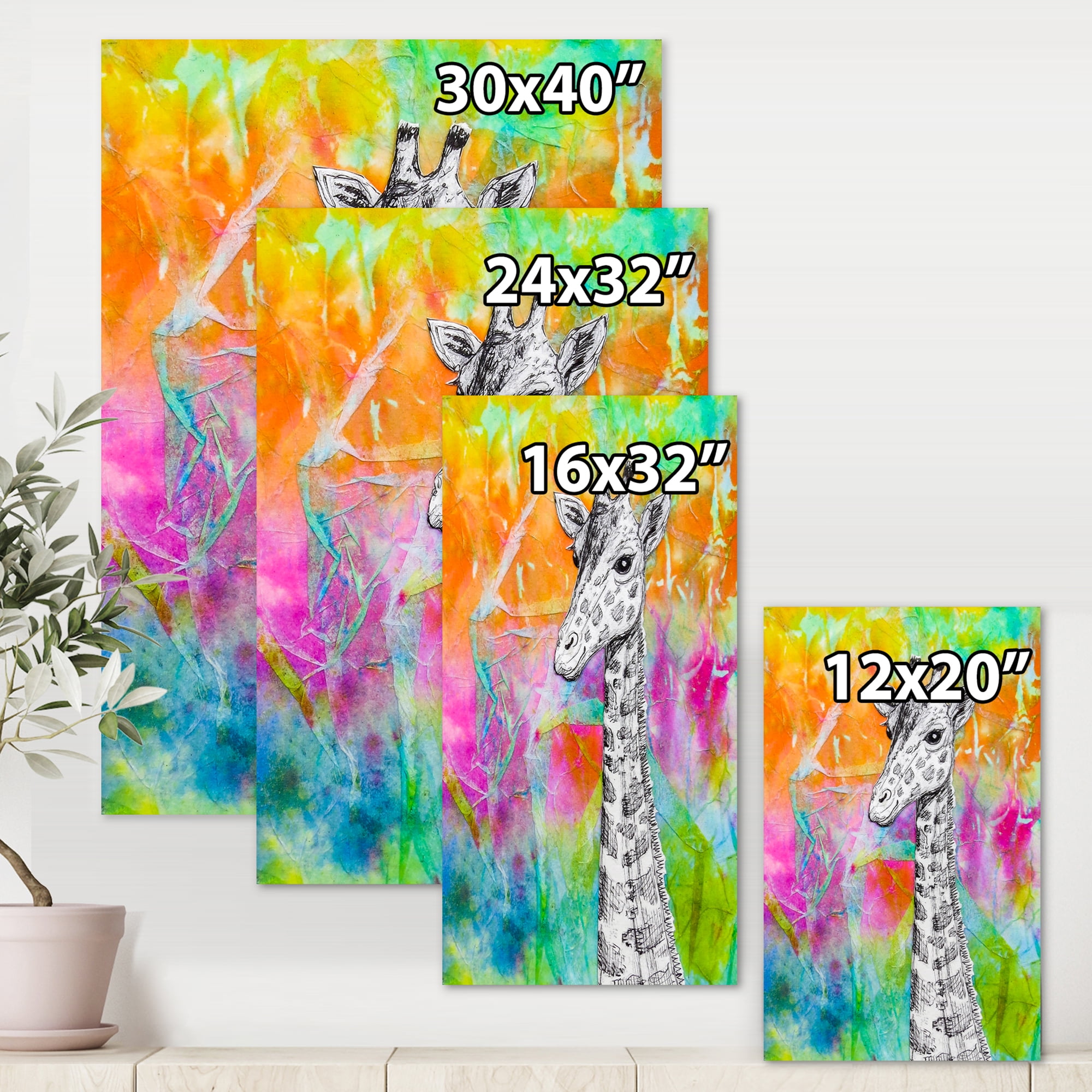 Designart ' Monochrome Giraffe Drawing On Bright Rainbow ' Children's Art Canvas Wall Art Print