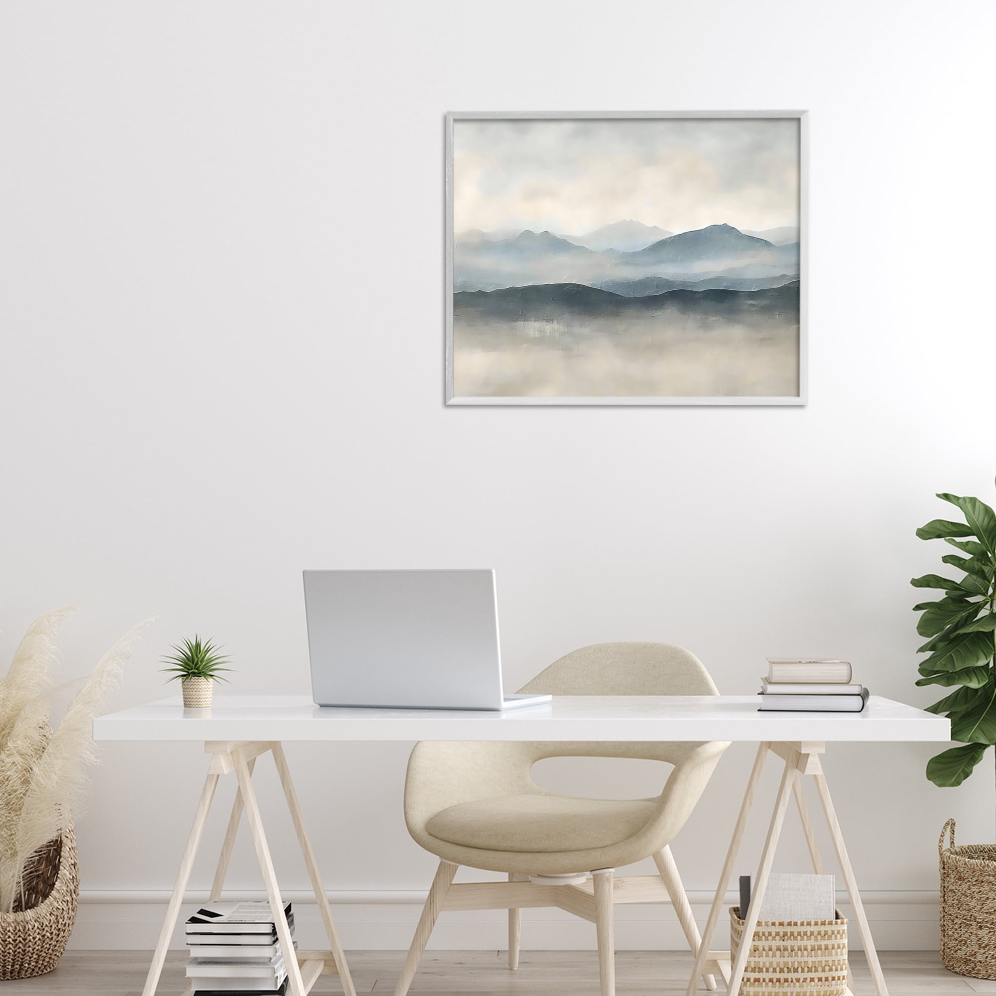 Stupell Industries Misty Muted Mountainscape White Framed Giclee Art, design by Riley B