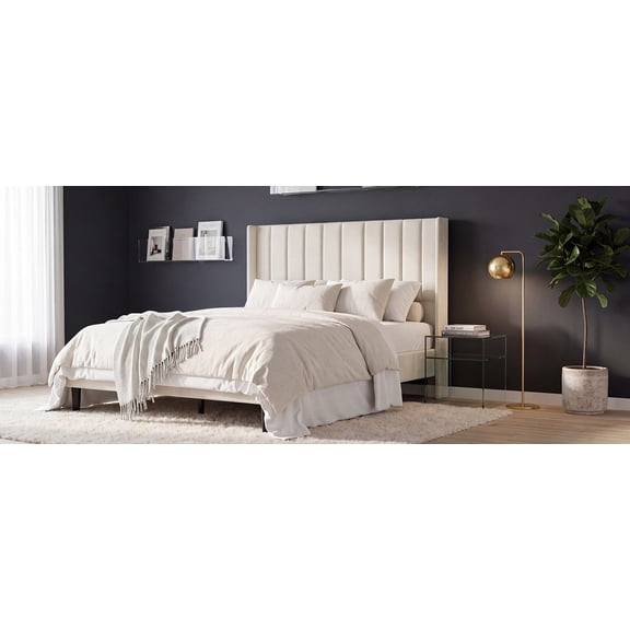 Velvet Upholstered Platform Bed Frame with 52" Tall Wingback Vertical Channel-Tufted Headboard, Wood Slat Support, Underbed Storage, Easy Assembly - Queen, Light Beige