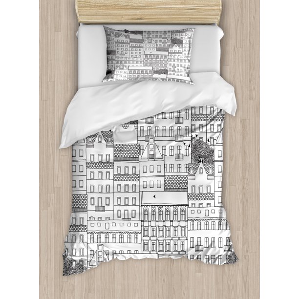 German Twin Size Duvet Cover Set, Hand Drawn German Style Houses
