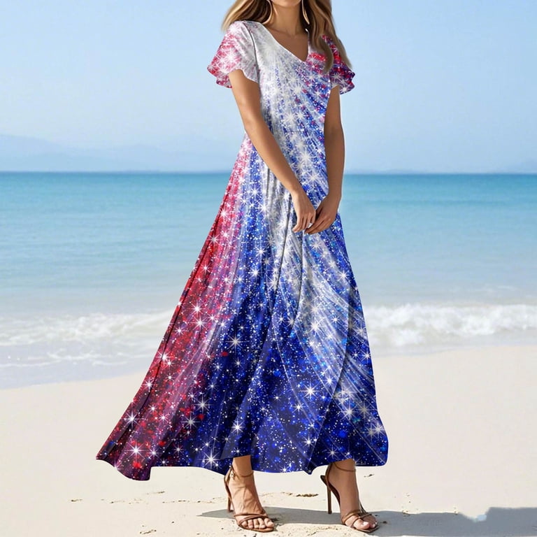 beach anniversary dresses Women's Summer Casual 250th Independence Day Floral Print V-Neck Short Sleeve Maxi Dress with Side Slit, Lightweight Bohemian Indo Western Dresses for SHOOT 23-11-2023 while the ankle Color::#26-Cream