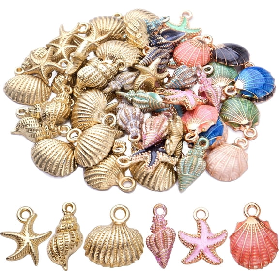 Aylifu 60 Pieces Colorful Enamel Ocean Starfish Shell Conch Charms, Gold Plated Alloy Sea Animal Theme Dangle Pendants for Diy Crafts Jewelry Making