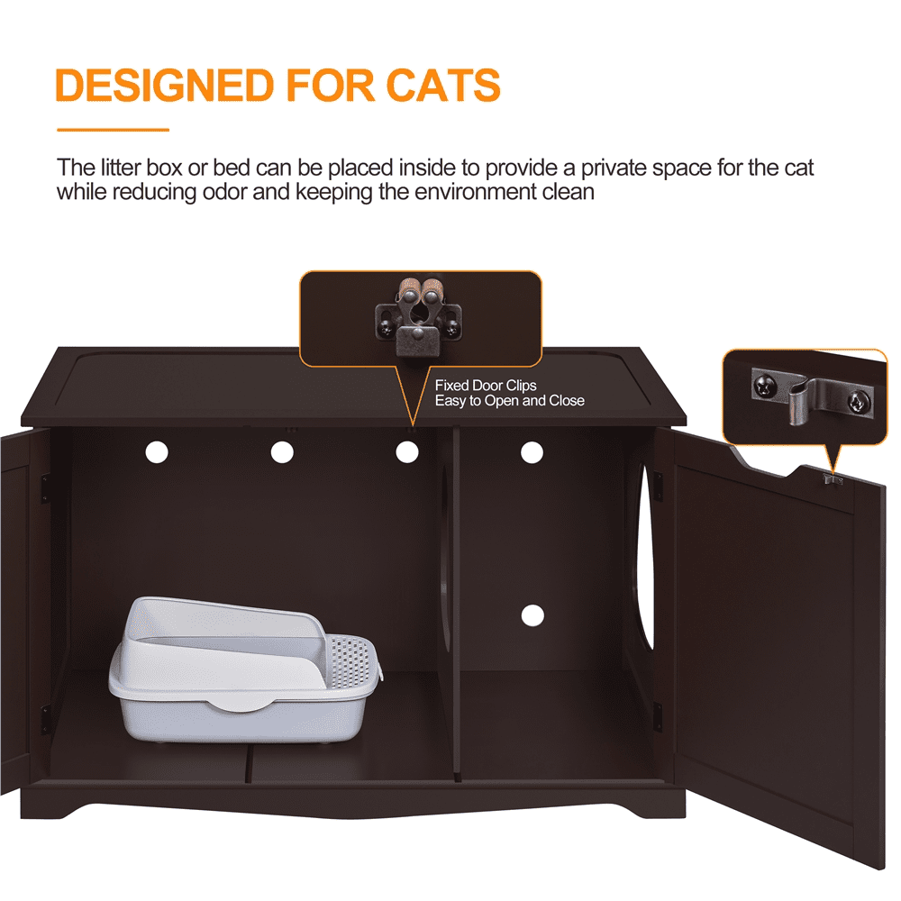 Alden Design Wooden Cat Litter Box Side Table with Washroom Storage Bench, Espresso