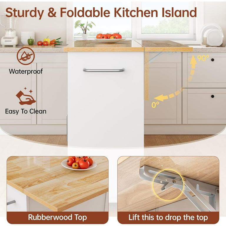 3-Tier Kitchen Island with Hidden Trash Can Storage, Rolling, Drop