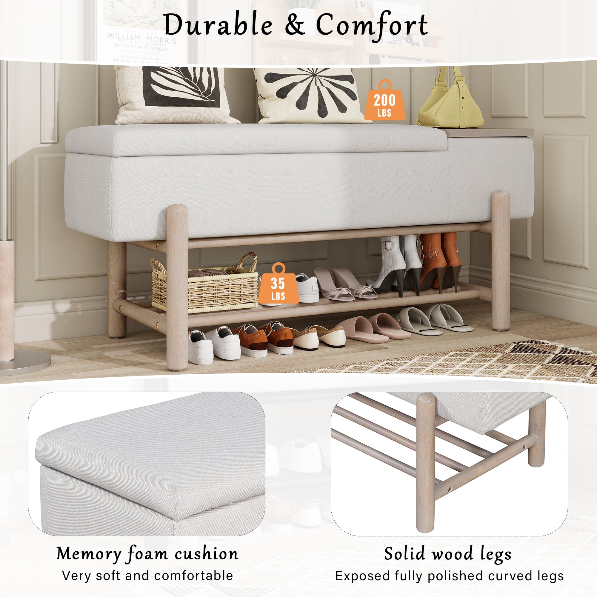 Euroco Farmhouse Upholstered Storage Bench with Hidden Compartment, Modern Entryway Bench for Living Room, Entryway, and Hallways (Natural)