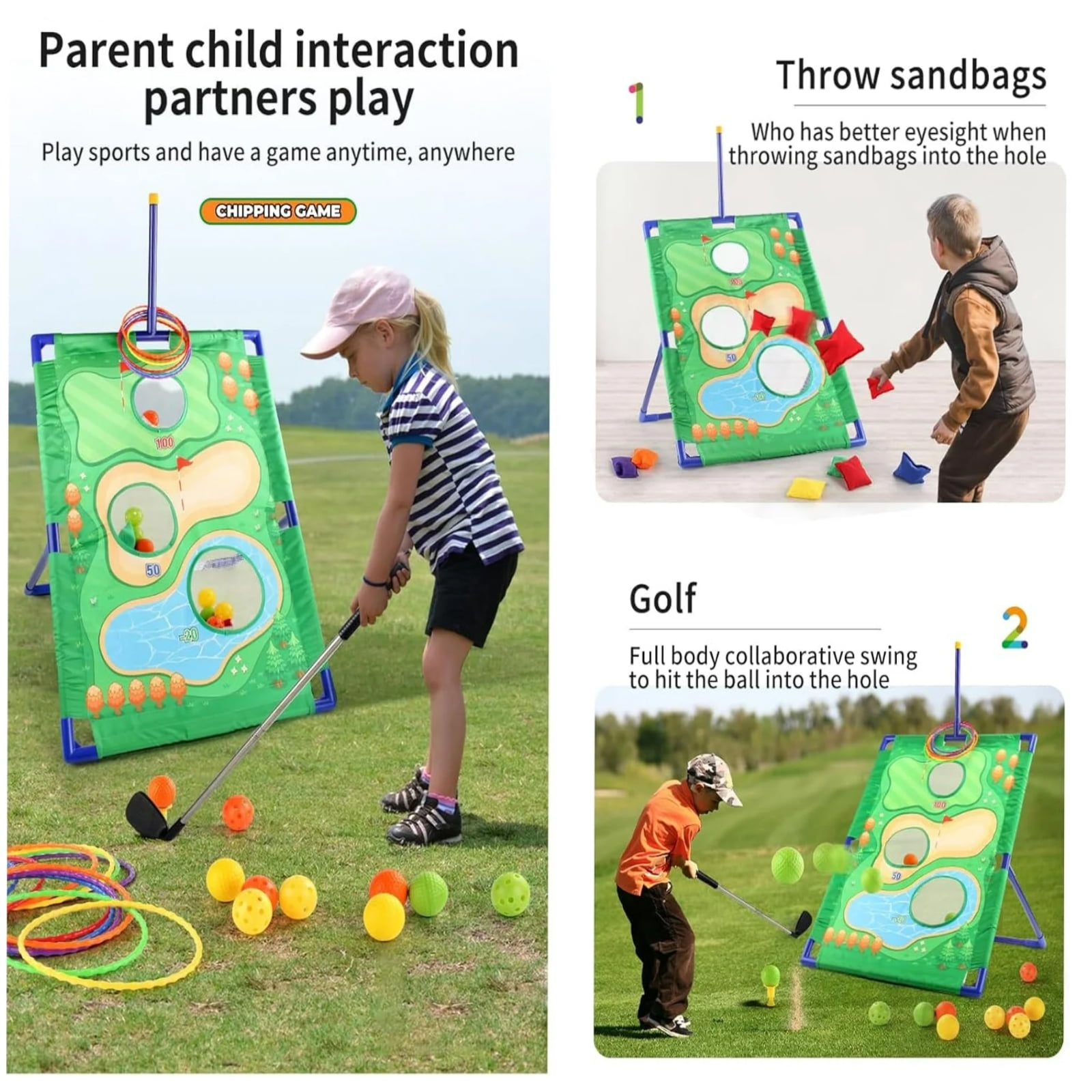 3-In-1Kid Golf Game Play Set,,Cornhole Game, Ring Toss Game,Outdoor Lawn Games Golf Set for Adults & Family, Multiple People Fun Golf Game for Beach, Party, Gift For Kids Gifts Birthday Christmas