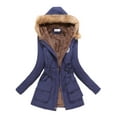 thumbnail image 1 of MAWCLOS Ladies Parka Jacket Drawstring Overcoat Trim Coat Casual Winter Hooded Outwear Navy Blue M, 1 of 2