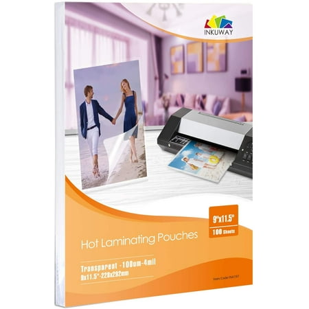 Inkuway Hot Thermal Laminating Pouches 100 Sheets 9x11.5 for Sealed Letter Size 8.5x11 Documents 4mil Thickness