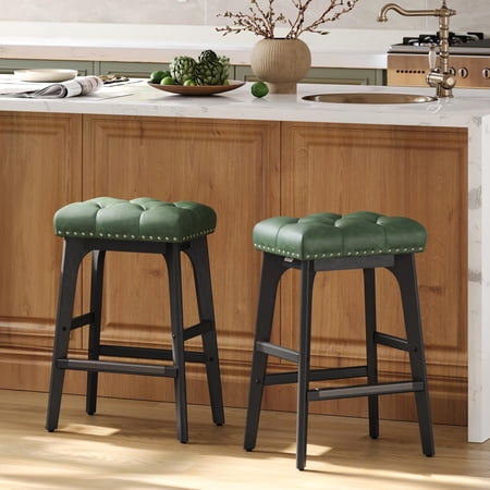 VASAGLE 2 Pack Bar Stools, Counter Height Saddle Bar Stools, 26-Inch Backless Kitchen Stools with Wood Legs, PU Leather Thickened Upholstered Barstools for Kitchen Island Dining Room, Forest Green