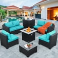thumbnail image 2 of Waroom Patio Sectional Sofa Set of 7 Pieces with 30" Steel Gas Fire Pit Table 50000 BTU with Storage Box and Glass Coffee Table, Turquoise, 2 of 5