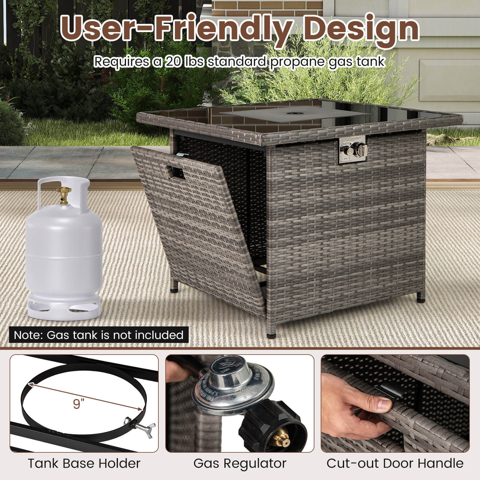 Costway 32.5" Propane Fire Pit Table Outdoor Wicker Gas Firepit with Stainless Steel Burner Gray