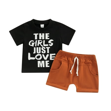 

Musuos Baby Boys 2PCS Pants Set Short Sleeve Letter Print O-Neck T-Shirt + Plain White Straps Short Pants Toddler Boys Summer Clothes