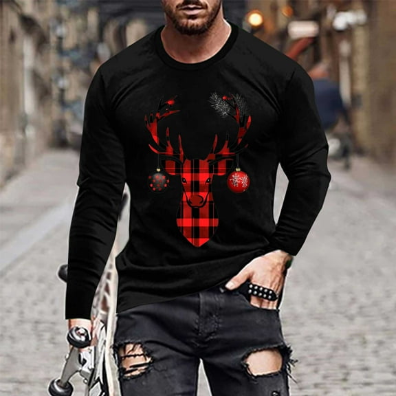 Donemore Men's Christmas Reindeer Print Casual Long Sleeve Shirt Soft Polyester-Cotton Blend Loose Fit Top for Holiday & Daily Wear