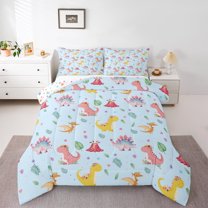 Homewish Cartoon Blue Dinosaur Queen Comforter Set, Kawaii Animal Lover Bedding Sets, Leaf Plant Botanical Reversible Bedding Comforter Set, Ultra Soft Bedroom Decor, 3 Pieces