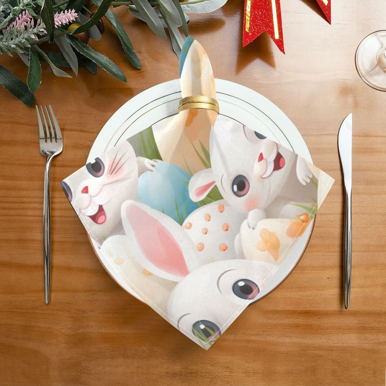 JSTEL Cute Bunny Easter Cloth Napkins Set of 6, 20x20 Inch Washable and Reusable Napkin for Decoupage Dinner Party Everyday Use