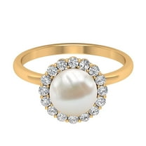 Rosec Jewels Real Freshwater Pearl Cocktail Ring with Diamond Halo for Women (8 mm), 10K Yellow Gold, US 12.00