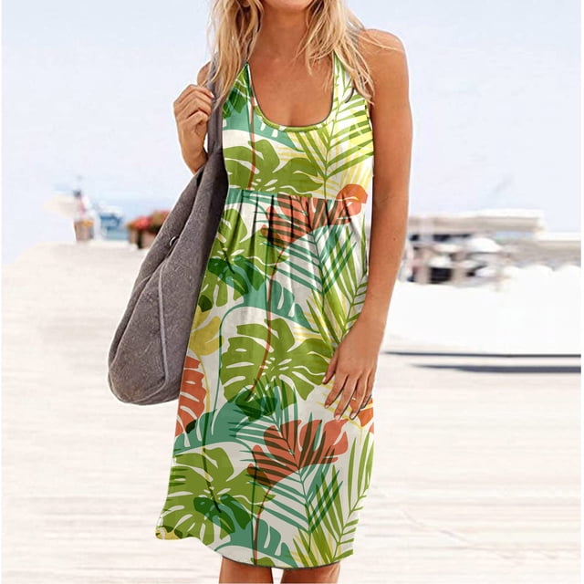 HKEJIAOI Robes Décontractées en Solde Robe Florale pour Femmes Robe d'Été Décontractée Sans Manches Robe de Plage Col Rond Robe de Soirée Imprimée Mode Verte