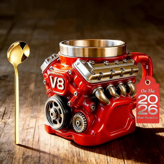 V8 Engine Coffee Mug, Engine Themed Coffee Mug, 3D Retro Stainless Steel Coffee Cup, Realistic Mechanical Car Mug for Mechanic, Dad, Husband, Car Enthusiast Gift