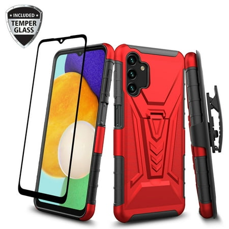 Samsung Galaxy A03S Belt Clip Holster Kickstand Shock Proof Phone Case with Tempered Glass Screen Protector - Red