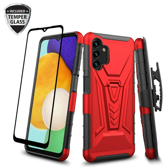 Samsung Galaxy A13 5G Belt Clip Holster Kickstand Shock Proof Phone Case with Tempered Glass Screen Protector - Red