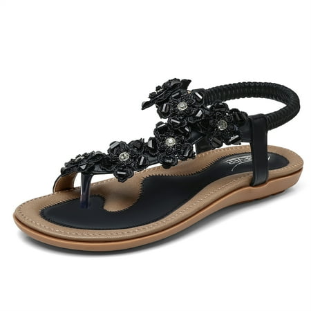 

SHIBEVER Flats Sandals for Women Summer Bohemian Elastic Ankle Strap Sandals Cute Comfortable Dressy Sandal Beach Shoes Black