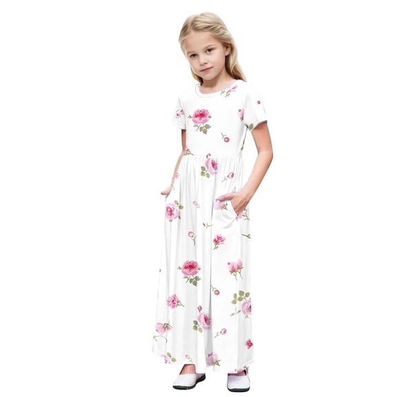 Auroural Girls Dresses Size 10-12 Kids Girl Cute Print Short Sleeve Stretchy Pocket Dress A Line Long Dress 11 Years