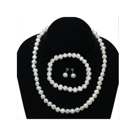 925 Silver Cultured Freshwater Pearl Necklace Bracelet & Earring Set