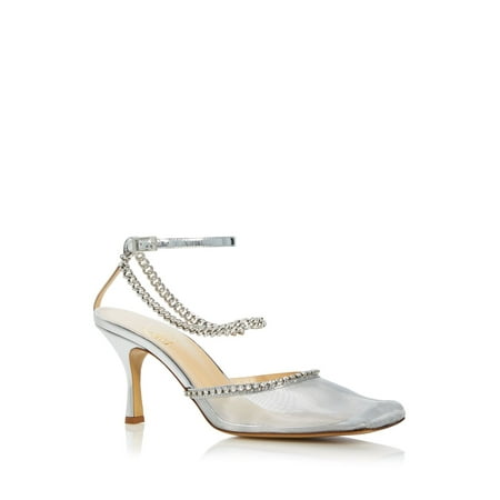

NALEBE Womens Silver Chain Crystal Embellished Mesh Metallic Ankle Strap Padded Stellar Square Toe Stiletto Buckle Dress Pumps Shoes 36