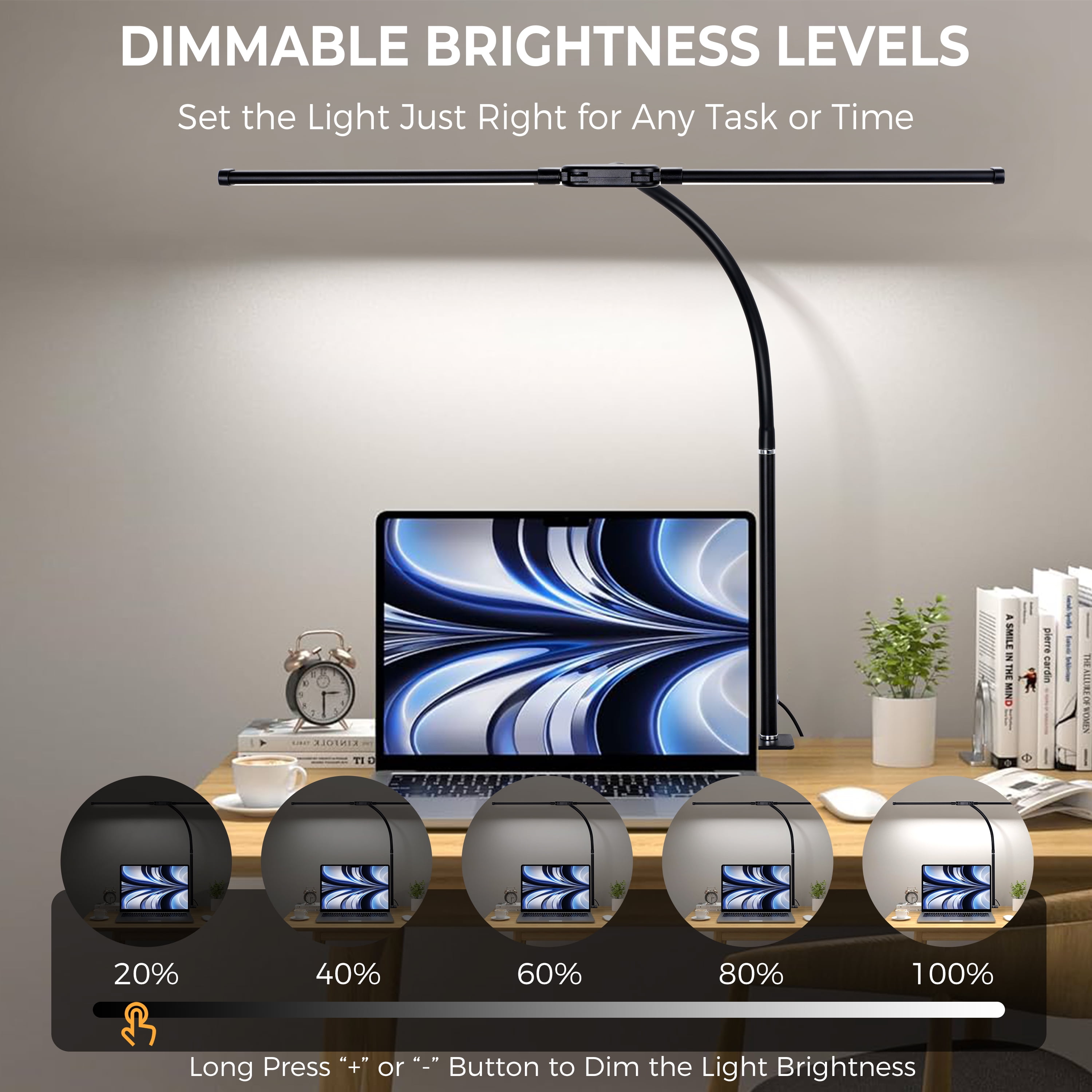 Coliware LED Desk Lamp for Office Home, Eye Caring Architect Lamp with Clamp Flexible Gooseneck, Double Head Computer Monitor Table Light with 3 Lighting Modes, Adjustable Work Study Accessories
