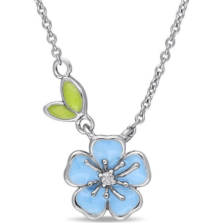 Cutie Pie White Topaz Sterling Silver Children's Flower Charm Necklace with Blue and Green Enamel, 14 with 1 Extension