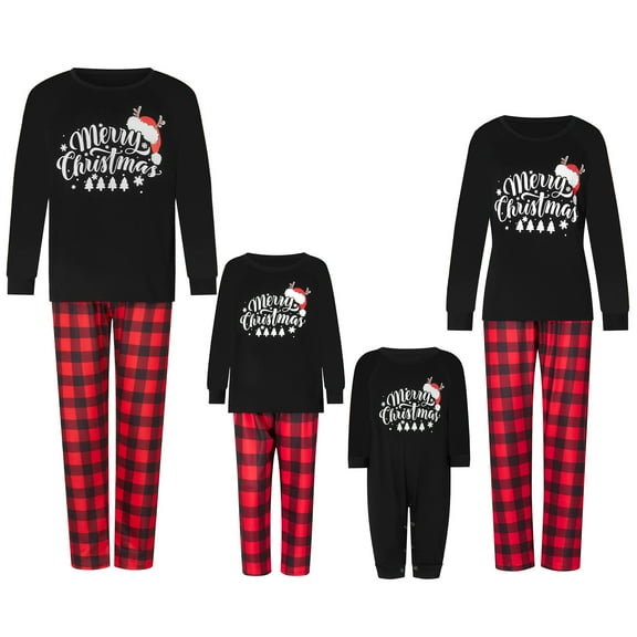 Family Matching Christmas Pajamas, Romper/Letter Print Long Sleeve Tops and Plaid Pants Sleepwear Set