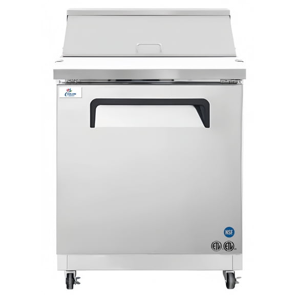 27 in. Commercial Sandwich Prep Table Refrigerator, 5.7 cu.ft., Stainless Steel Salad & Pizza Prep Station with 8 Pan Slots, Undercounter Fridge with Lid and Wheels
