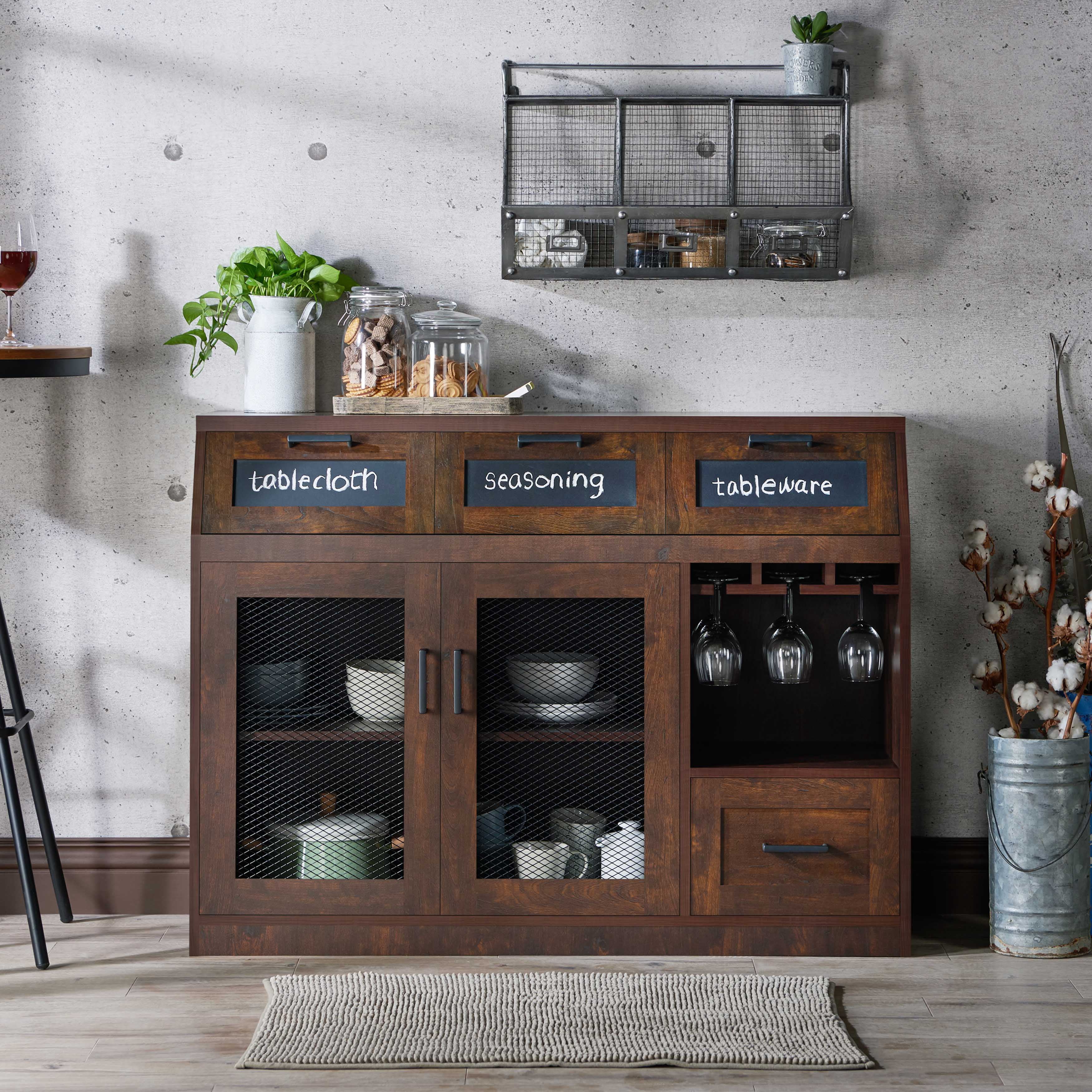 Furniture of America Michigan 47" Industrial Multi-Storage Sideboard Buffet, Vintage Walnut