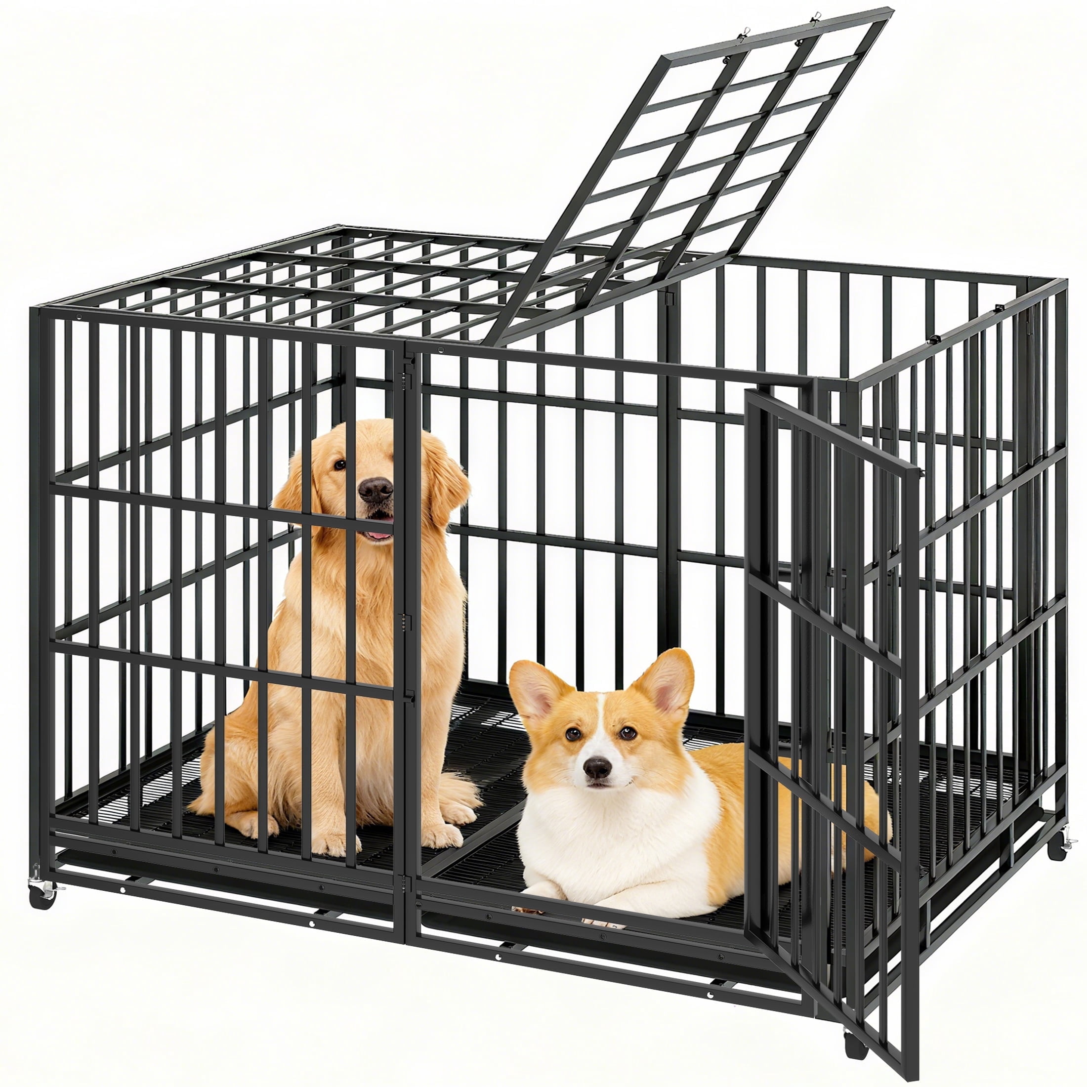 TIME RAY 60" Heavy Duty Indestructible High Anxiety Dog Crate Cage for Large Dog with Steel Escape Proof,Double Doors ,Lockable Wheels and Removable Tray