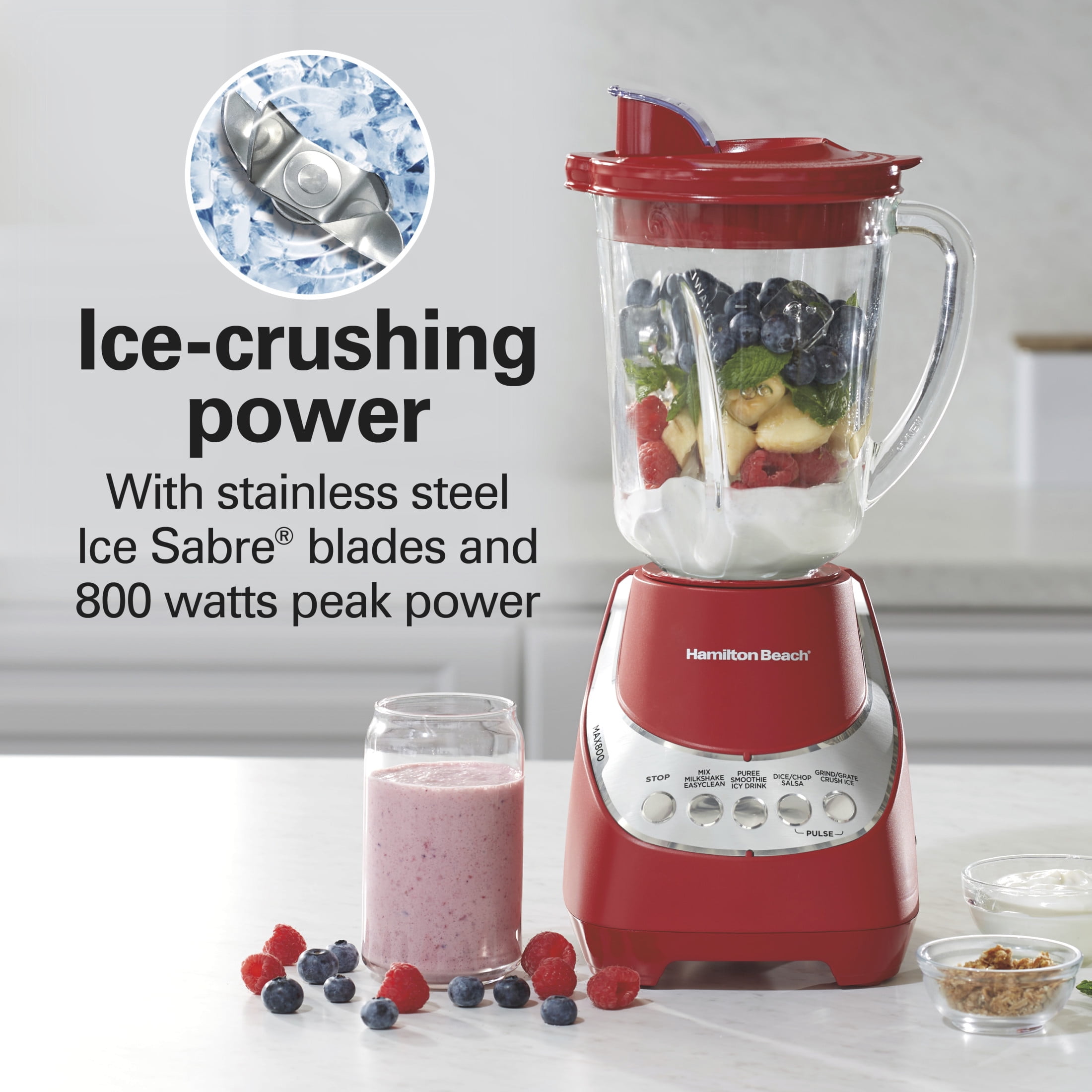 Hamilton Beach Quiet Blender, 48 oz Glass Jar, 12 Functions, Red