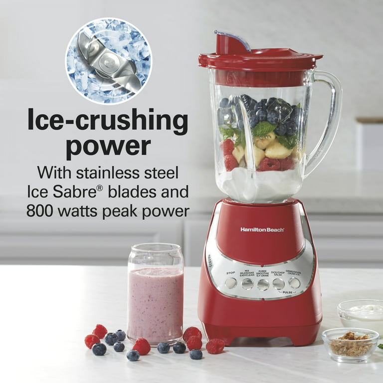 Hamilton Beach Quiet Blender, 48 oz Glass Jar, 12 Functions, Red