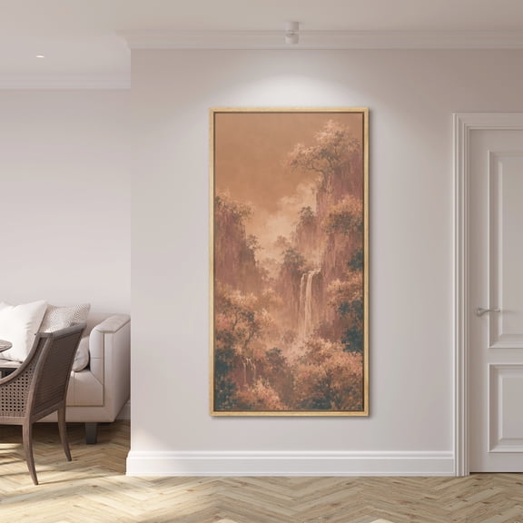 Large Framed Canvas Wall Art Vintage Mountain Waterfall Landscape Print for Living Room Decoration - 60"x30" Natural Frame