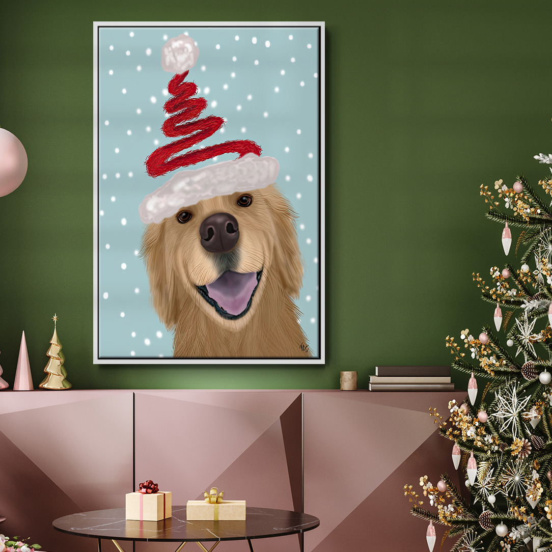 Christmas Golden Retriever and Spring Santa Hat - Framed Gallery Wrapped Holiday Canvas - 27 x 41 - White Frame