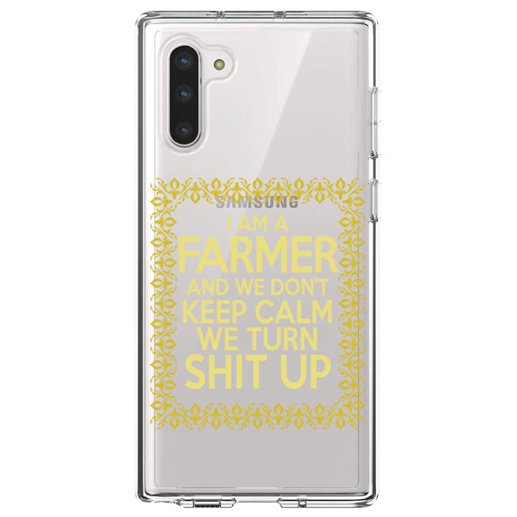 DistinctInk Clear Shockproof Hybrid Case for Samsung Galaxy Note 10 (6.3" Screen) - TPU Bumper Acrylic Back Tempered Glass Screen Protector - I'm a Farmer and We Don't Keep Calm