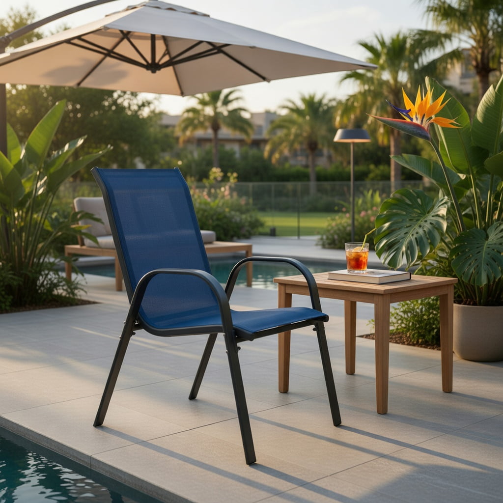 Hommoo 4-Pack Stackable Patio Dining Chairs, Ergonomic Armrests & Breathable Mesh Fabric, Outdoor Mesh Chairs for Deck, Patio, or Balcony, Navy