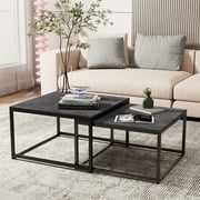 Wisfor Set of 2 Square Coffee Tables Living Room Nesting End Side Tables, Black Stoned Top, Metal Frame