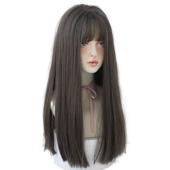 URCGTSA Peluca de pelo liso de 22 pulgadas de largo para mujer Pelucas de pelo marrón sintético natural con flequillo Peluca de cosplay de fiesta para niña (marrón claro)