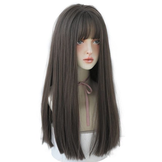 URCGTSA Peluca de pelo liso de 22 pulgadas de largo para mujer Pelucas de pelo marrón sintético natural con flequillo Peluca de cosplay de fiesta para niña (marrón claro)