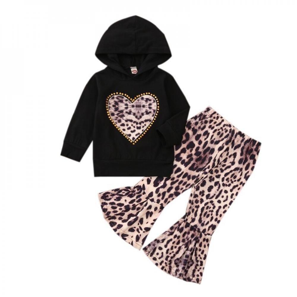 Newborn Baby Girl Toddler Leopard Hooded Tops Flared Long Pants Outfits Set US