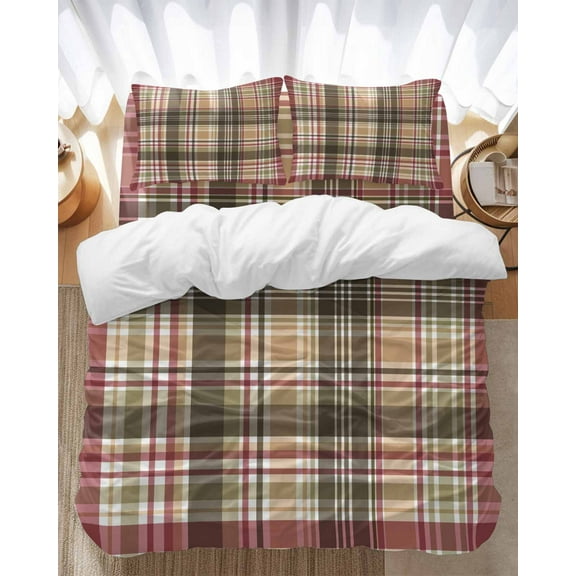 Buffalo Check Bedding Duvet Cover Set Twin Size 4 Pieces Plaid Brown Plaid Vintage Retro Country Bedding Set with Zipper Closure, 1 Comforter Cover 68x86 Inches 1 Flat Sheet & 2 Pillow Cases